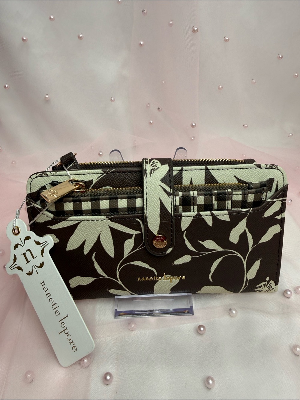 Nanette Lepore Brown & Cream Floral Wallet with Gingham Trim